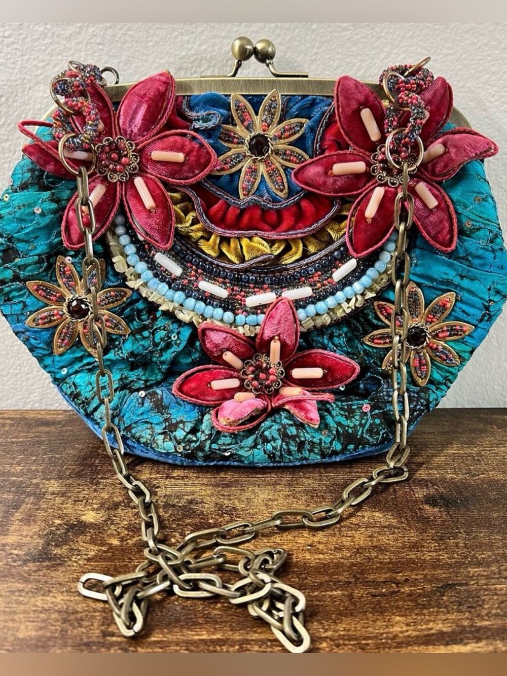 Mary Frances Shoulder Bag Crossbody Beaded Embellished Velour Floral Chain Strap